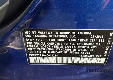 2017 Volkswagen Passat 1.8T Se z USA, uszkodzony, nr VIN 1VWBT7A30HC011234